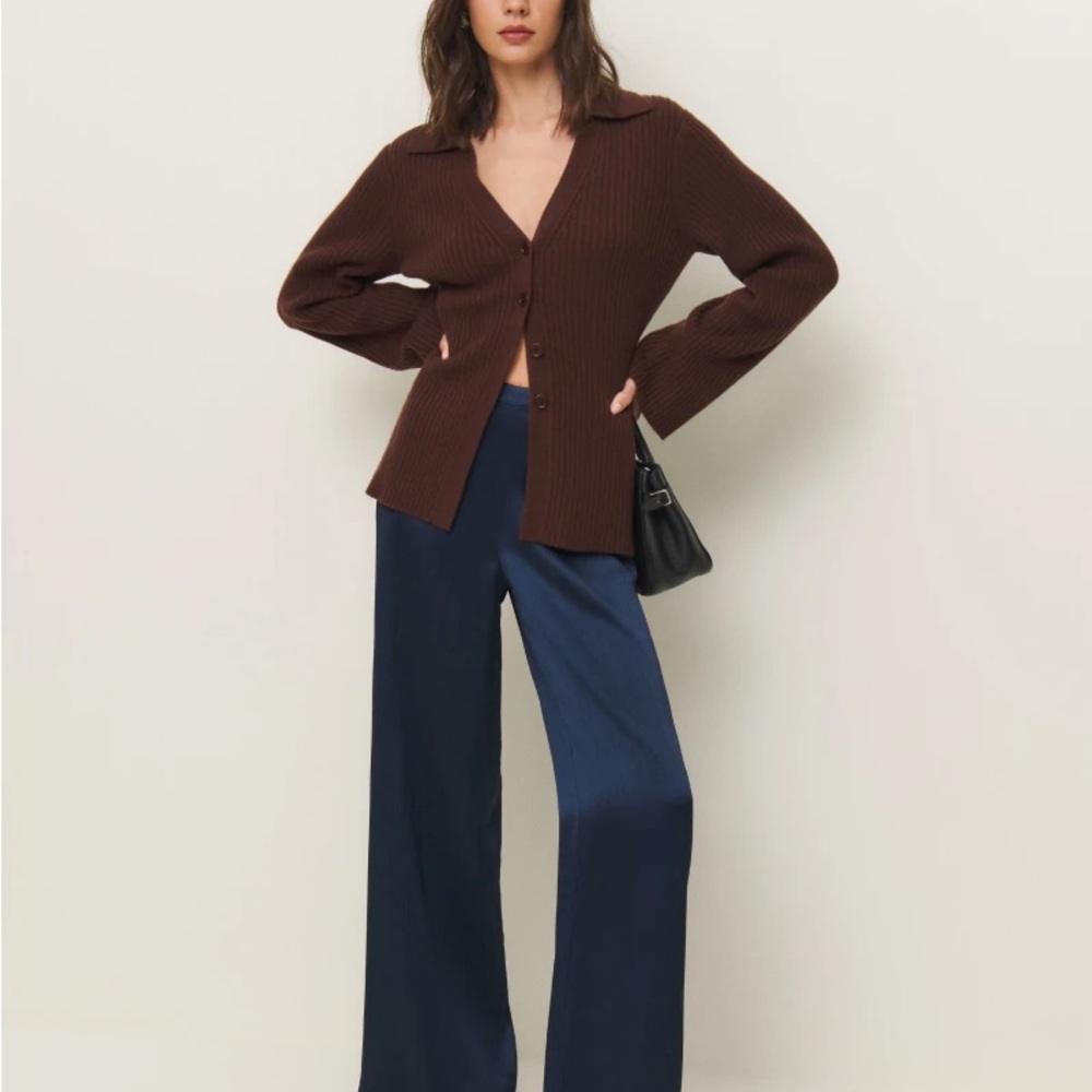 Reformation Norah Wide Leg Satin Pant Midnight Crinkle S
